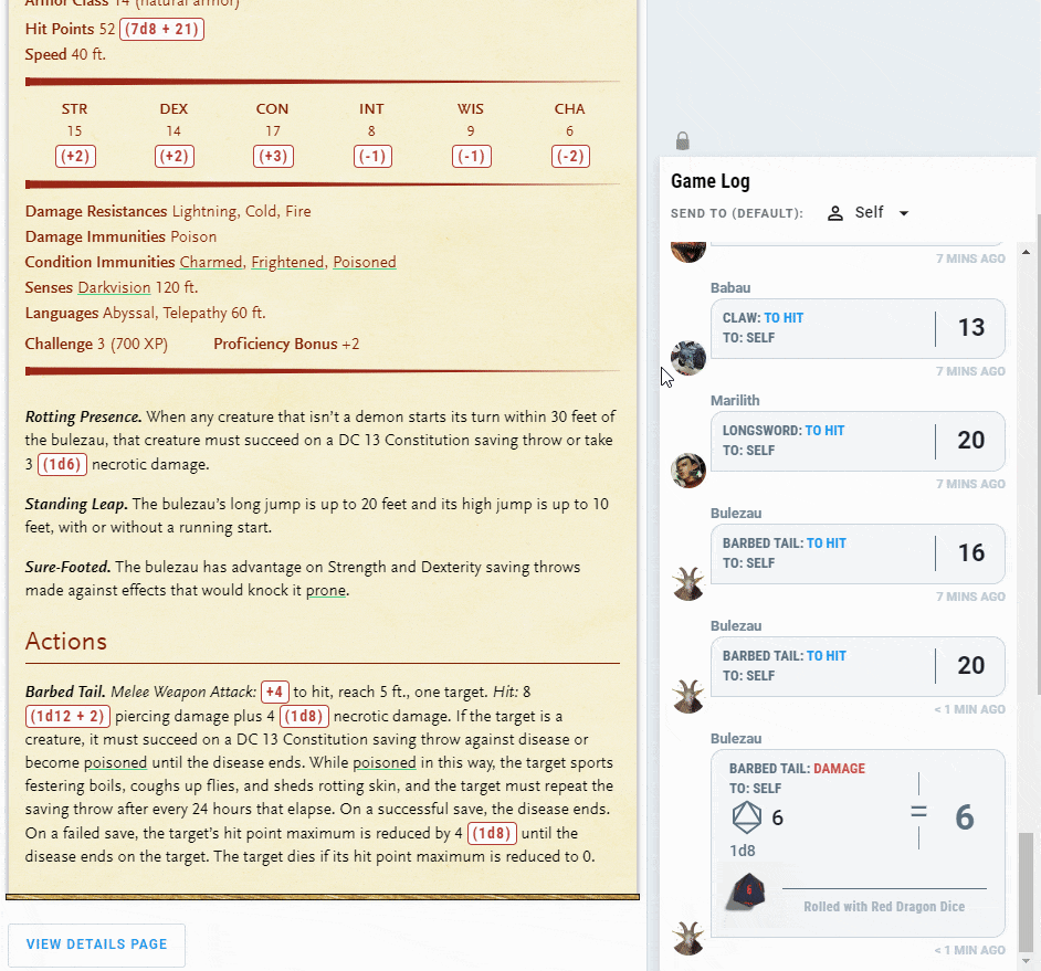 A gif of dice rolling across a monster stat block in the initiative tracker tool.