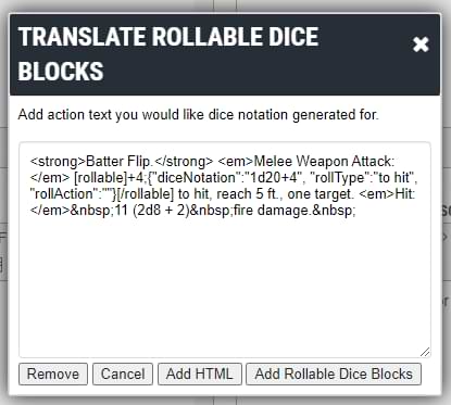 Dice block HTML in the auto add rollable dice blocks feature.