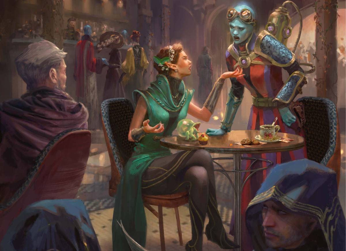 Two nobles argue publicly in a bar while patrons look on from other tables.