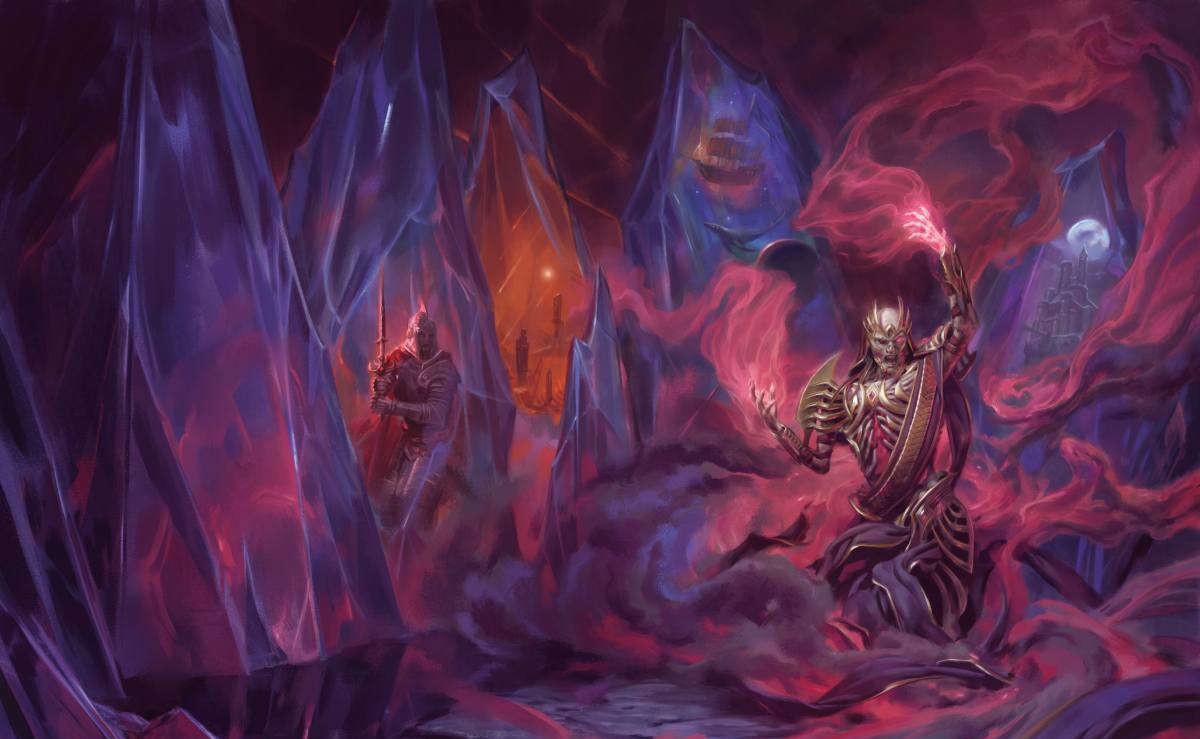 Vecna, in his lair of crystalline stalagmites, performs a ritual with dark magics.
