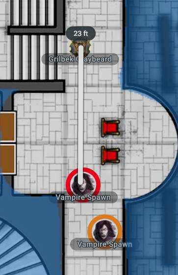 Screenshot of D&D Beyond Maps software with a line being measured between a vampire spawn token and a player's token.