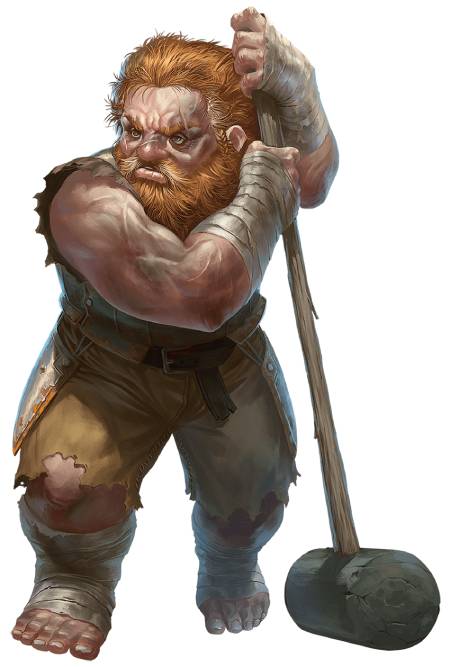 A down-on-his-luck dwarf uses his warhammer as a cane to help with an injured foot