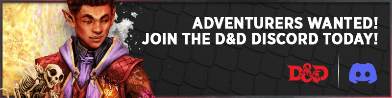 An elven adventurer with a skeletal companion smiles and looks down at text that reads, Adventurers wanted! Join the D&D Discord today!