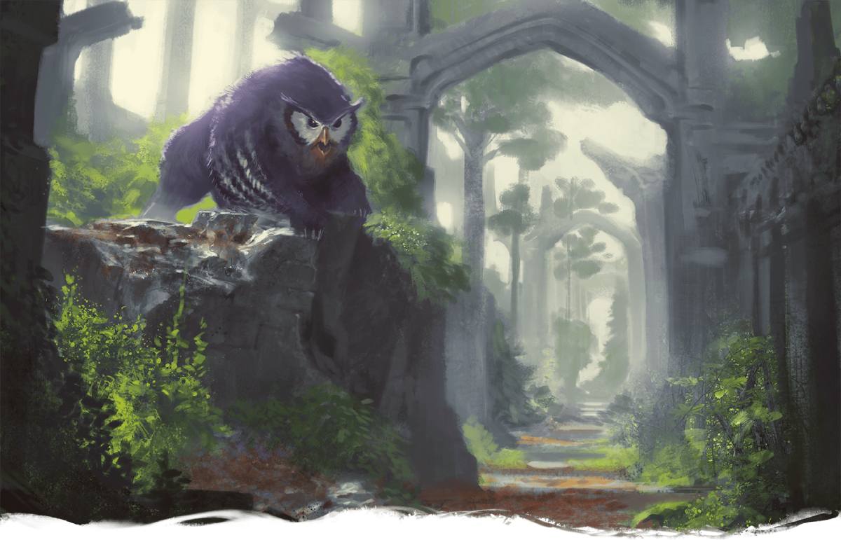 A tree-lined trail with an owlbear standing upon a rocky outcropping.
