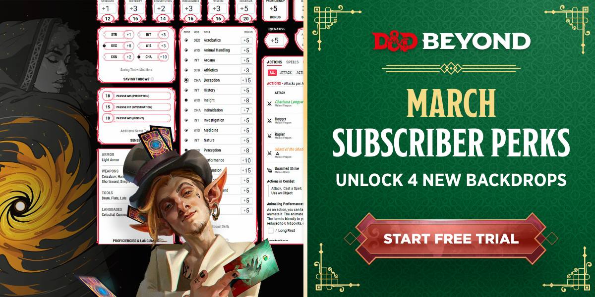 Image depicts a gnome holding cards from the Deck of Many Things in front of a backdrop of a D&D Beyond digital character sheet. Text reads, March Subscriber Perks. 4 New Backdrops. Start Free Trial.”