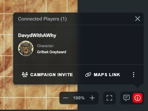 Screenshot of the Connected Players popup in D&D Beyond Maps