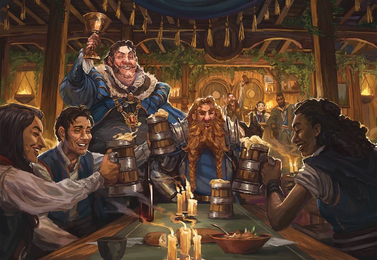 Adventurers raise their tankards of ale in a tavern.