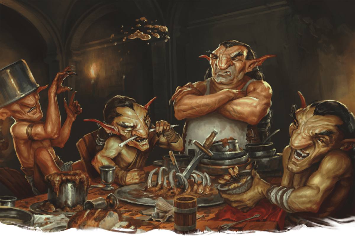 Goblins rough housing at dinner, to the chef's chagrin.