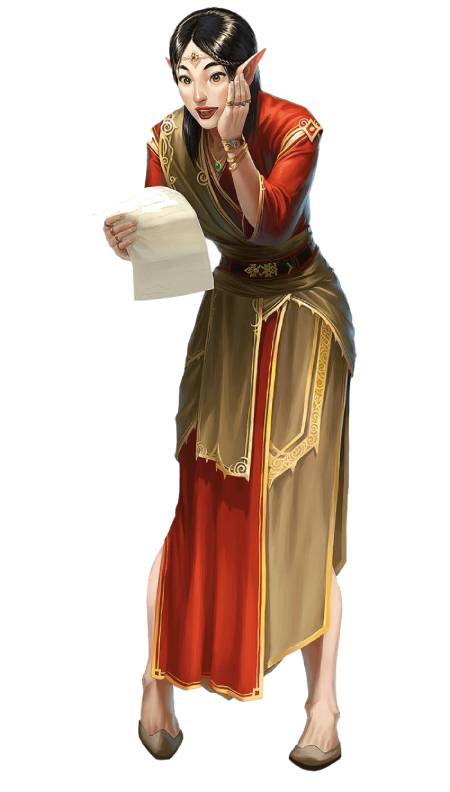 An elf in regal garb looks excitedly at a letter.