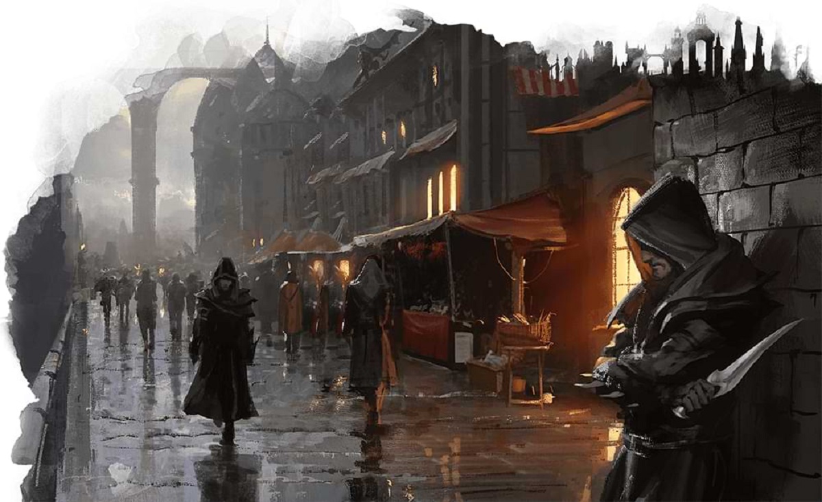 A rainy street at nighttime. An assassin leans against a wall.