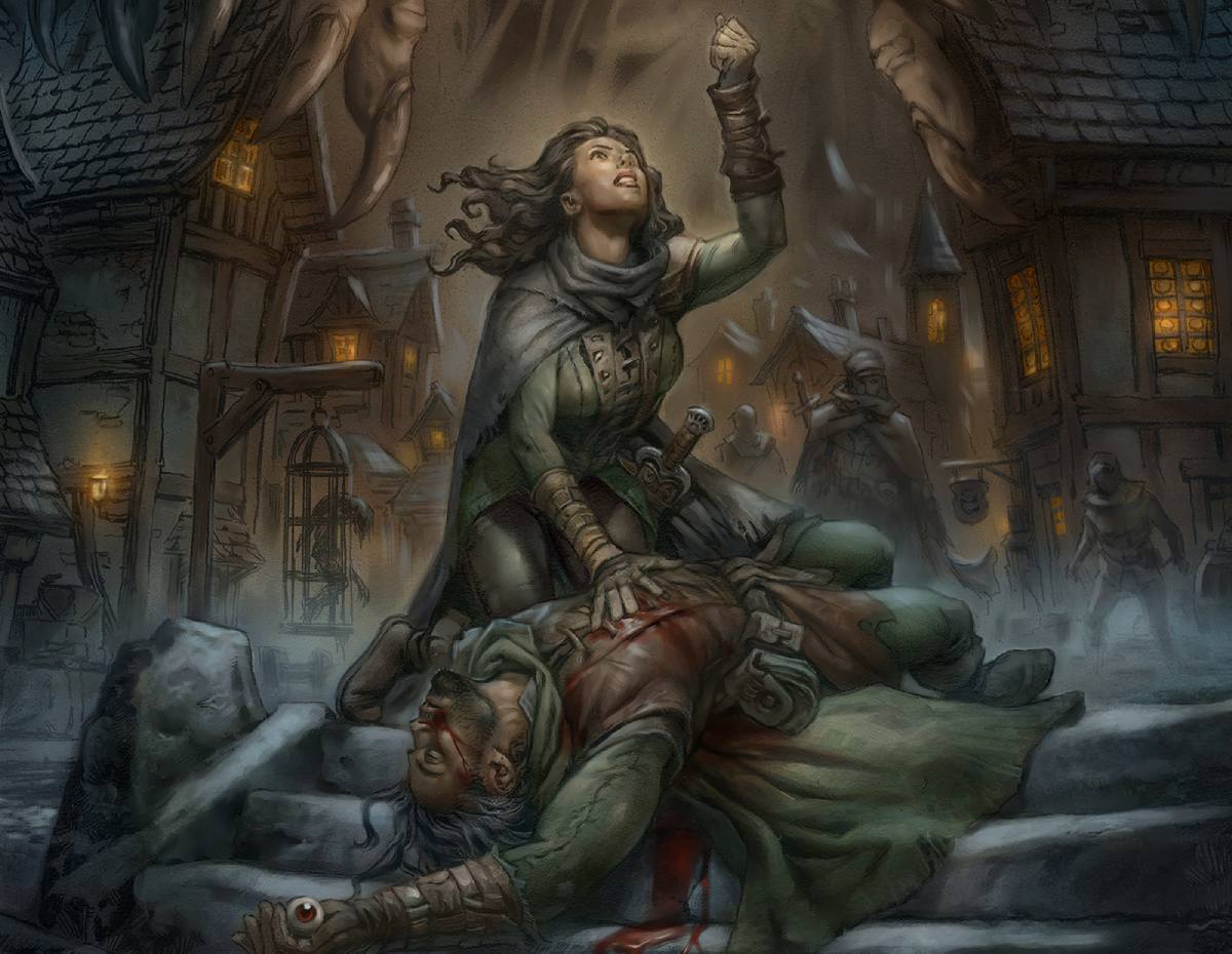 An adventurer holds her fist to the sky as she kneels over the corpse of her fallen ally