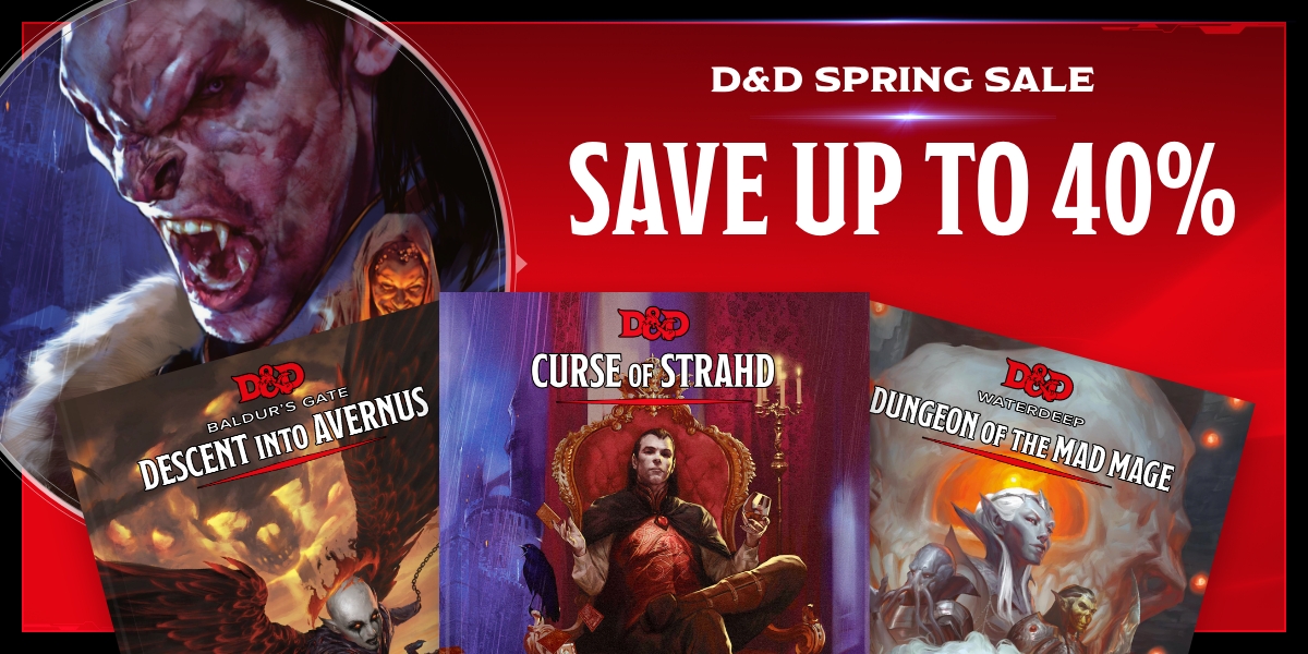 Various D&D book covers are pictured against a red backdrop. A portrait of Strahd is off to the left. Text reads, "D&D Spring Sale. Save Up to 40% on D&D Books."