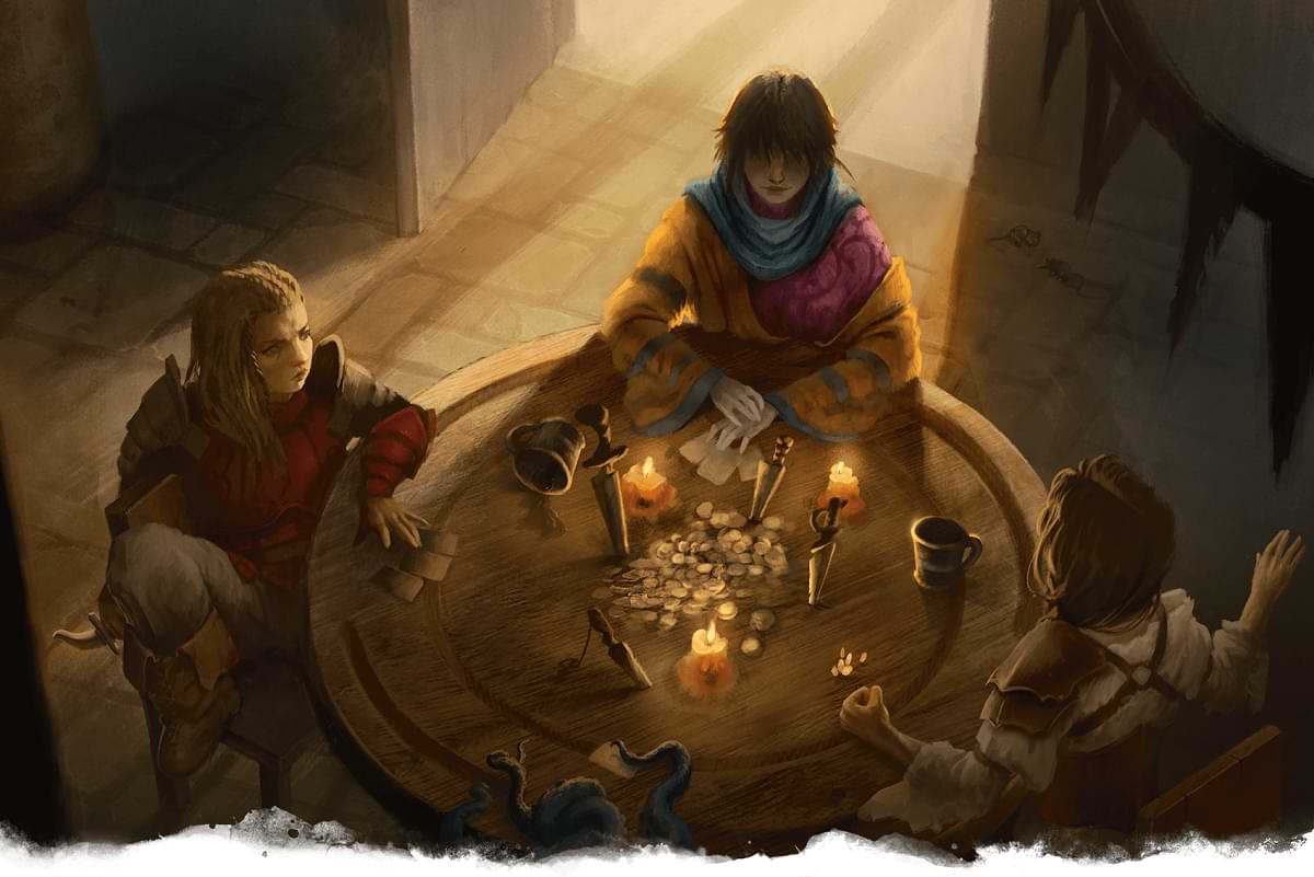 Adventurers gather around a table to play cards and gamble.