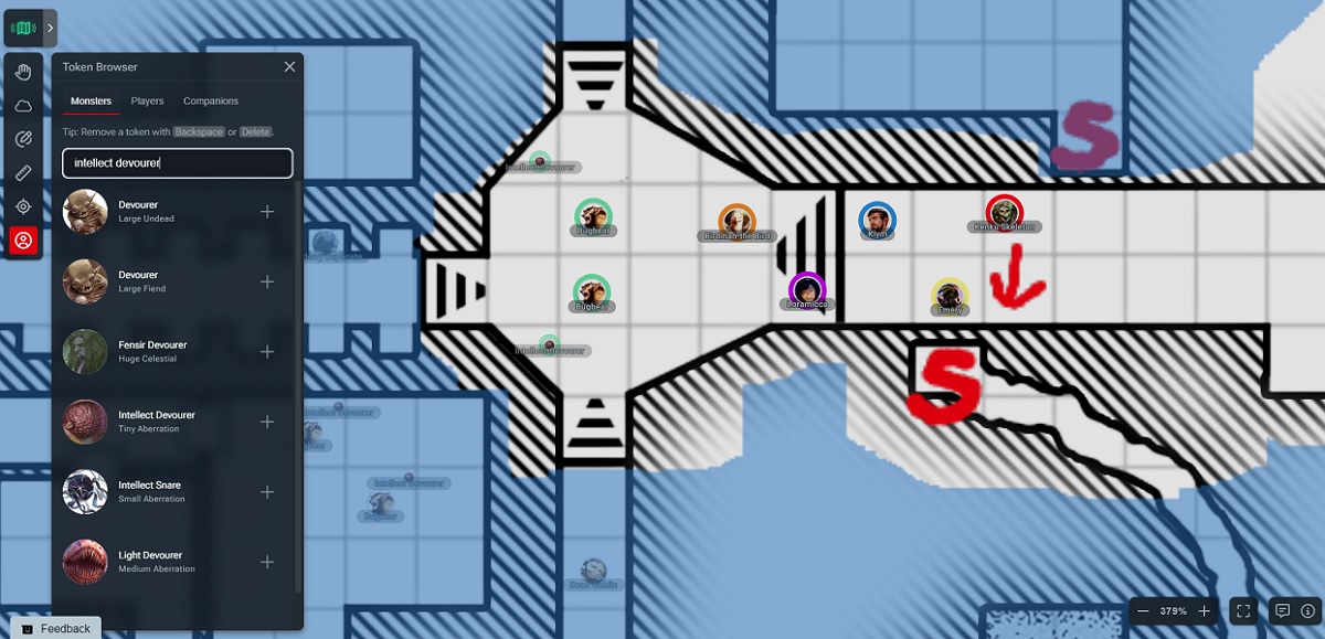 A Dungeon Master's view of a dungeon map in the Maps tool