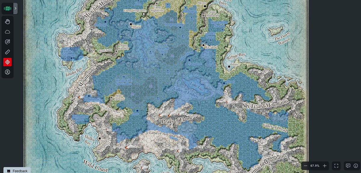 A Dungeon Master's view of the Chult hex grid map with fog of war