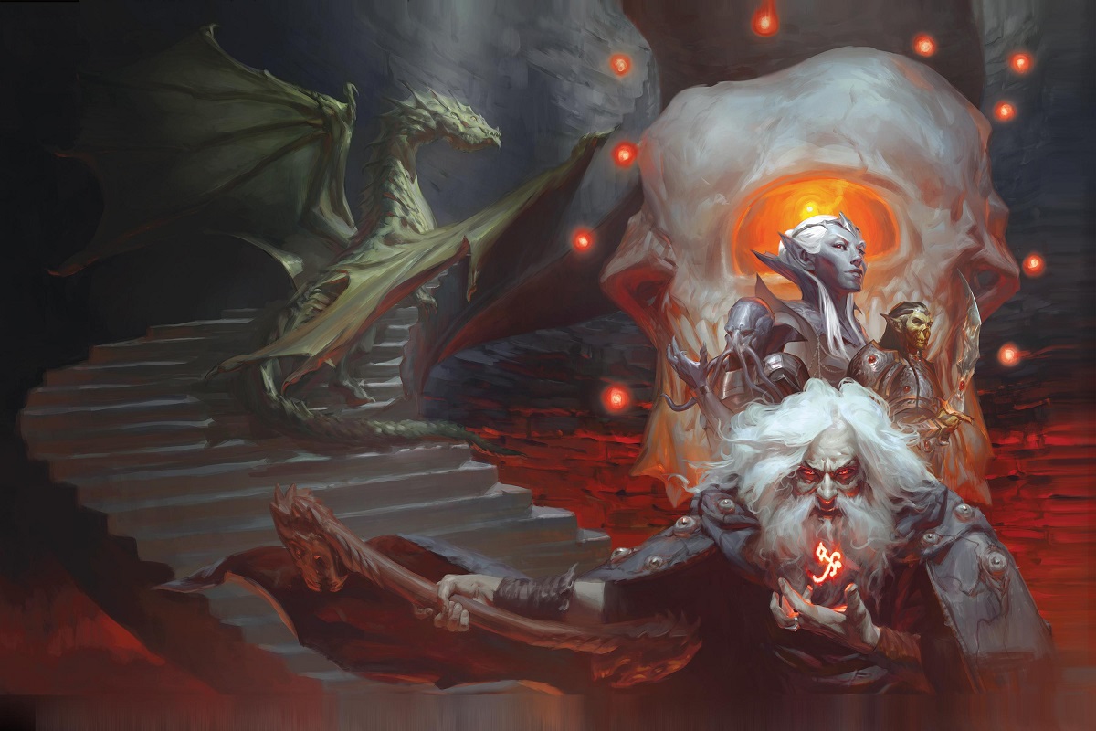 A mage holds his staff aloft. Villains appear behind him. A dragon ascends a set of stairs.