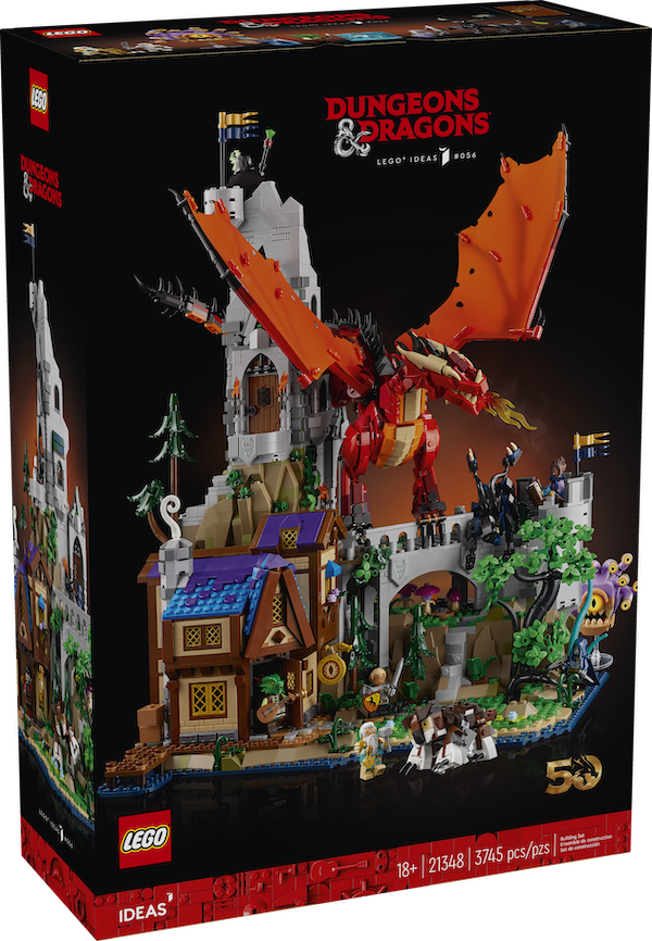The product box for LEGO Ideas Dungeons & Dragons: Red Dragon's Tale. It depicts a LEGO brick tavern and a tower with minifigures and a red dragon.