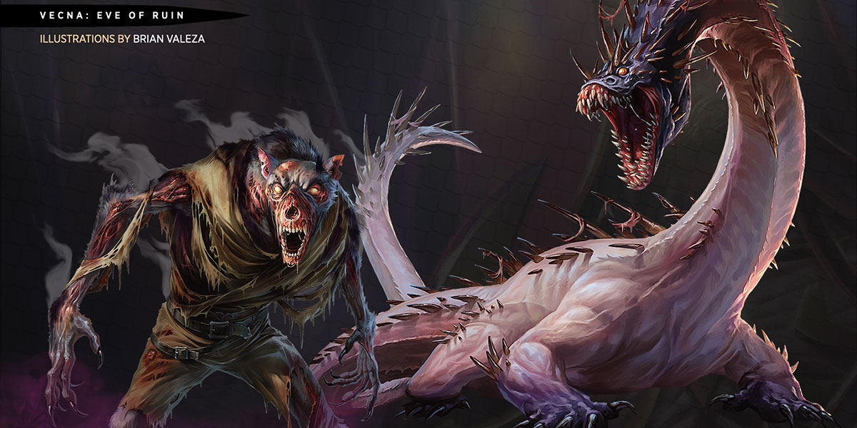 Two monsters against a plain backdrop. One appears an undead werewolf. The other has a long, spiked neck and tail and jagged teeth.