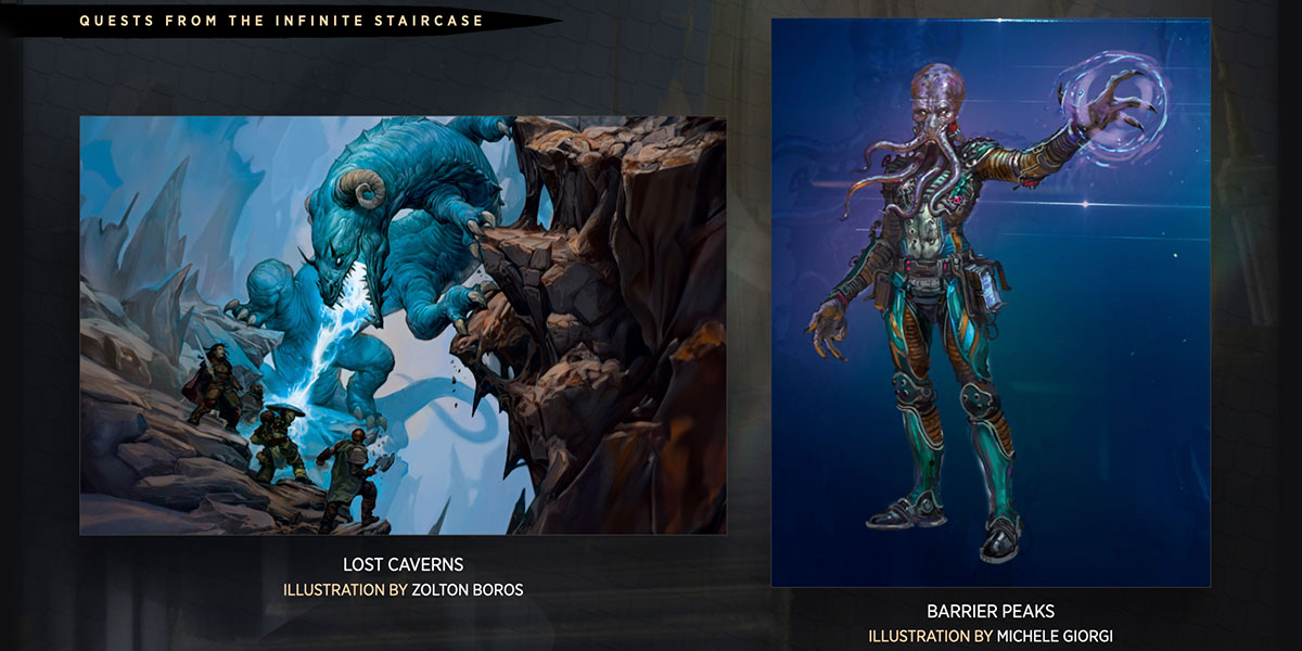 Two pieces of artwork from Quests from the Infinite Staircase. The first depicts a behir attacking adventurers. The other depicts a mind flayer in a futuristic space suit.