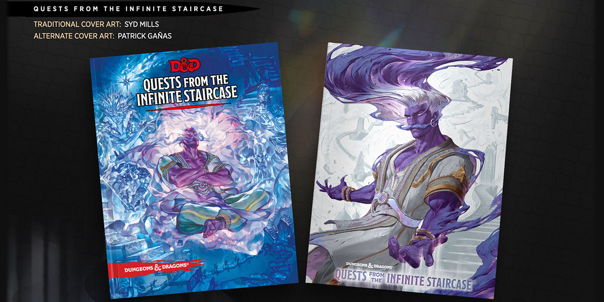 The traditional and alternate art covers for Quests from the Infinite Staircase. Each depict the noble genie Nafas with a glorious mustache.
