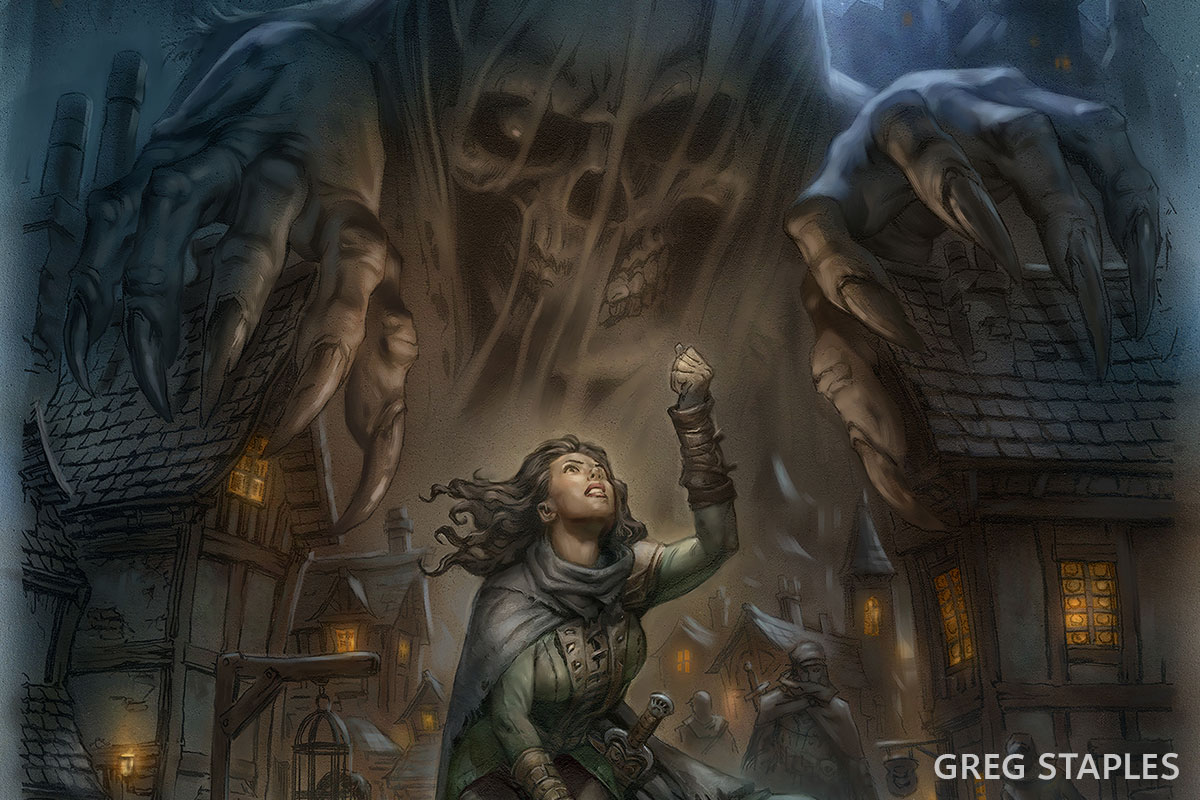 An investigator in Neverwinter holds up a fist at a dark sky. Behind them looms a ghastly figure with a skeletal face and boney fingers with long, sharp nails.