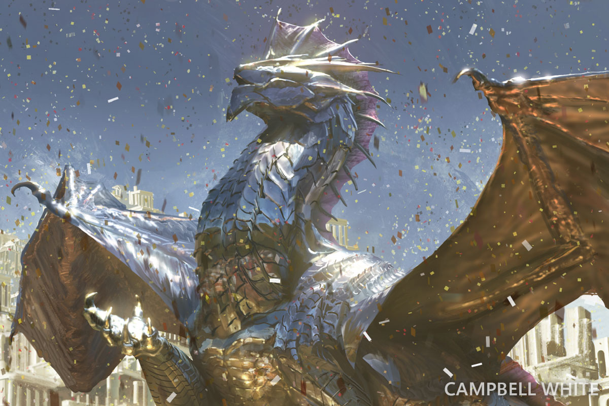 A silver dragon poses at a celebration in a city. Confetti rains down on them.