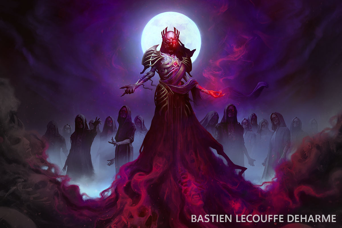 Vecna stands among undead thralls. His left eye and hand glow and he wears gold armor and flowing robes of necrotic red smoke