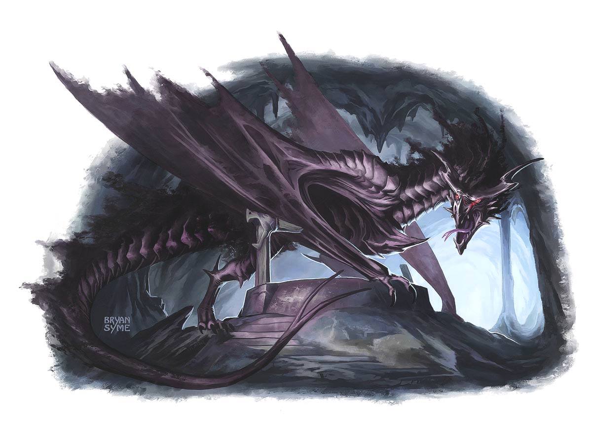 A drake with metallic, black scales and red eyes roars in a cavern.