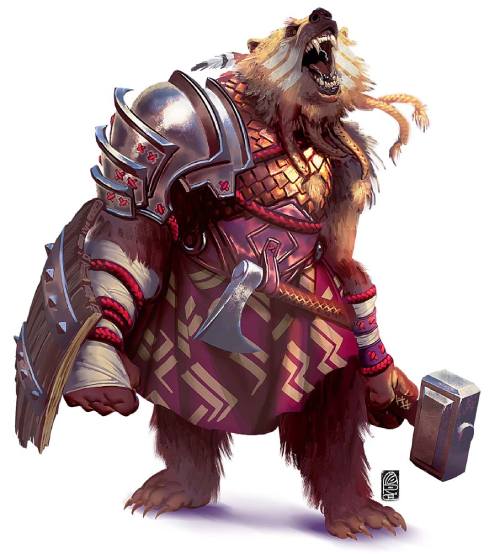A bidepal bear wearing armor and wielding a sword and shield roars.