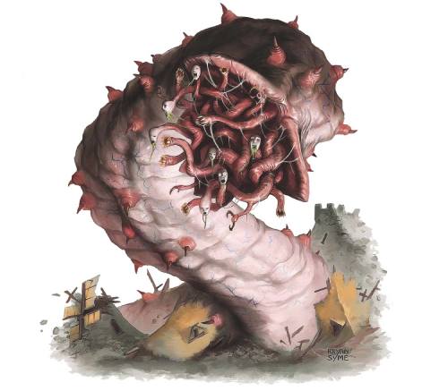 A giant pale worm with a maw full of grotesque faces.