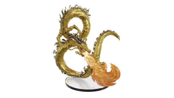 A painted gold dragon miniature that is posted like the Dungeons & Dragons ampersand.