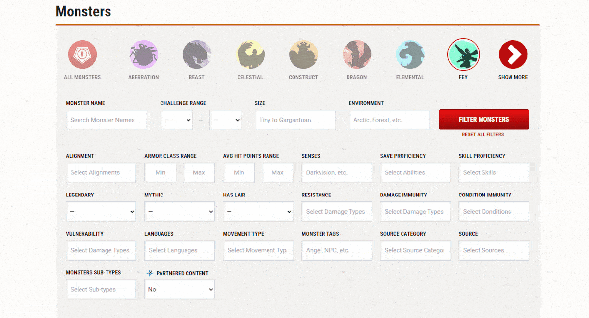 A gif showing how to filter monsters in D&D Beyond's monster finder.