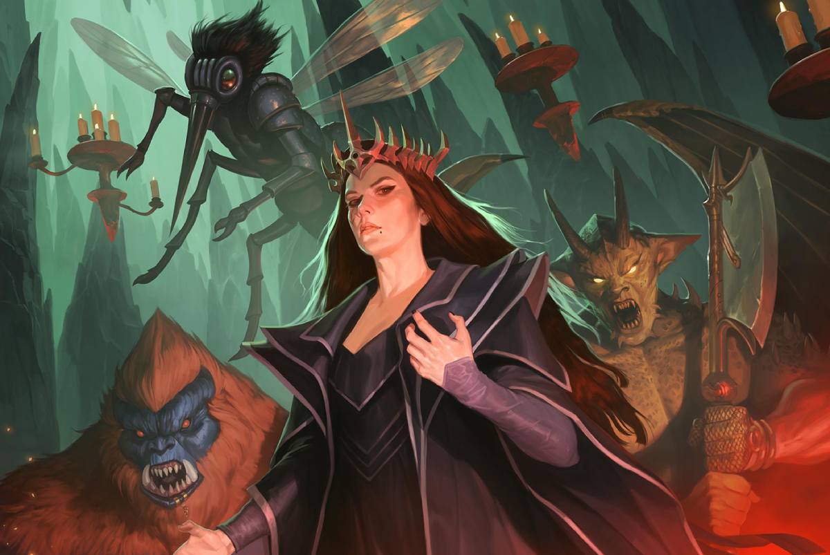 The Witch Queen stands flanked by a number of demons from the Abyss.