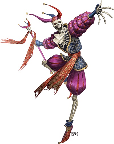 A skeletal figure dressed in a jester costume wields a staff and strikes a pose