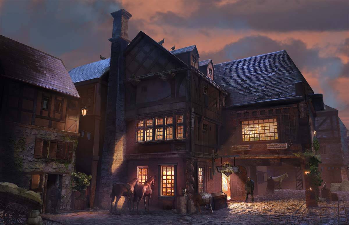 A cozy tavern under a darkening sky.