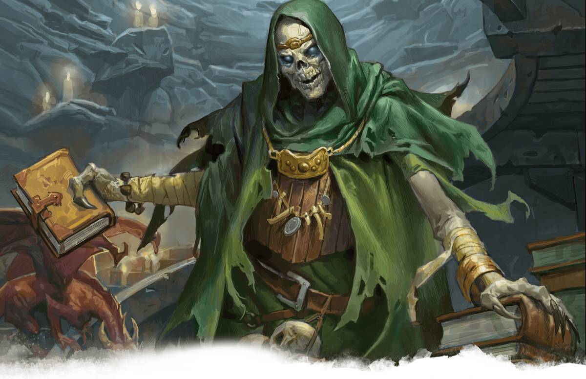 A skeletal figure in a tattered green robe