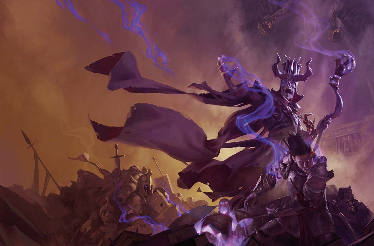 A skeletal figure in a tattered purple robe standing upon rubble.