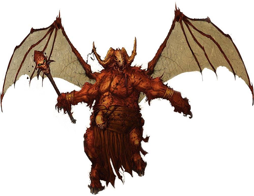 A winged demon wearing a skull helmet and wielding a scepter.