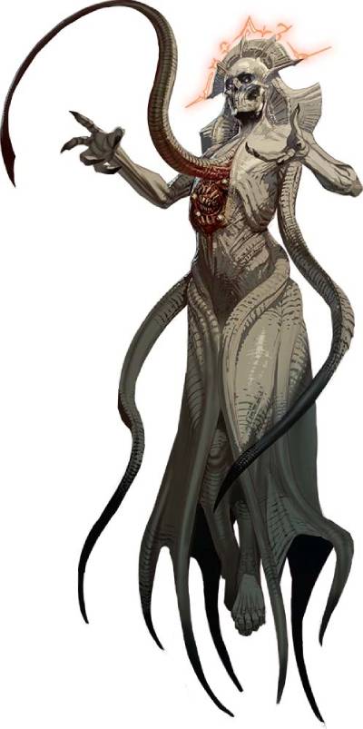 A skeletal lich with a tentacle emerging from its chest.