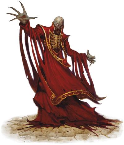 A skeletal figure in tattered red and gold robes