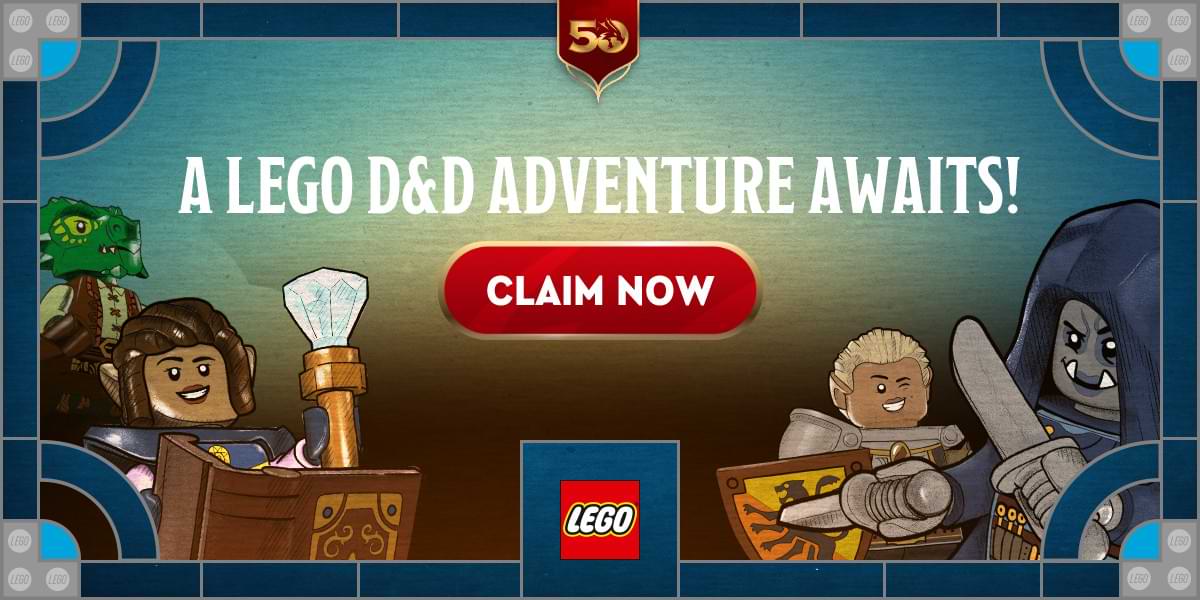LEGO adventurers pose. Text reads, A LEGO D&D adventure awaits! Claim now