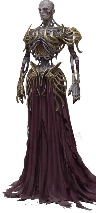 a skeletal figure wearing tattered purple robes with ornate golden filigree.