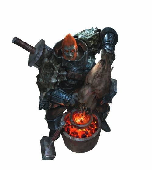 A fire giant in armor sites by a pit of flaming embers.