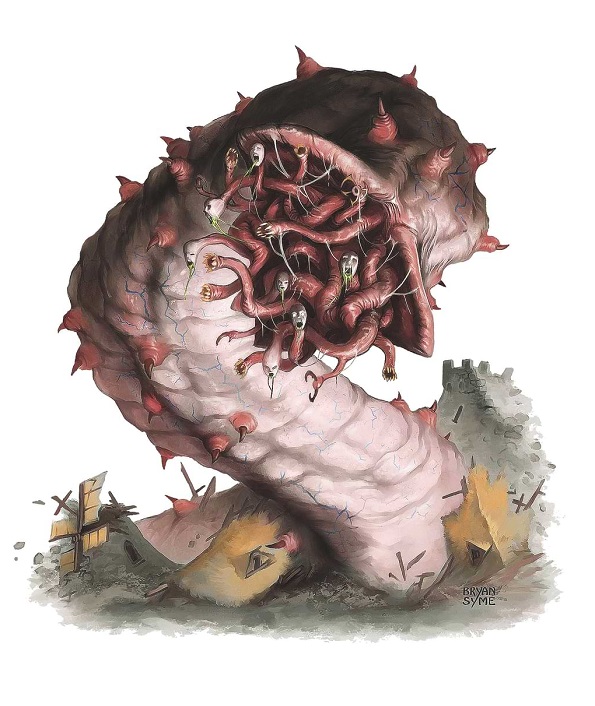 A gargantuan worm erupts from the ground. Its mouth is full of worms, some of which have screaming Humanoid faces.