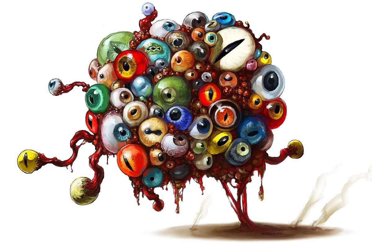 A mass of colorful eyes bound by dripping flesh