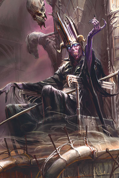 Acererak the lich in tattered black robes sitting upon a skeletal throne.