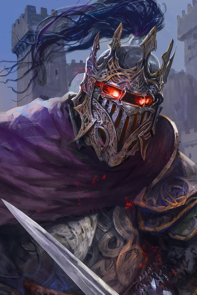 Lord Soth in ornate plate with glowing red eyes behind his helmet.