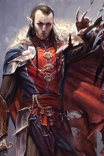 Strahd the vampire in luxurious red grab wearing a black cape.