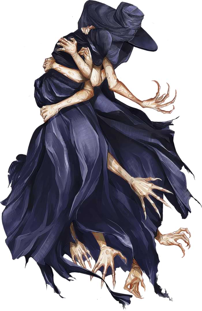 A figure in dark robes. Many arms and hands emerge from the robes.