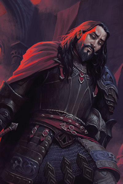 Kas in dark red armor adorned with gold trim and a rubies in the breast plate.